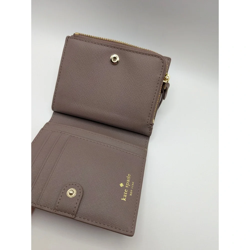Kate Spade Bifold Wallet Small Taupe Light Mauve Gold Accents Hardware Logo